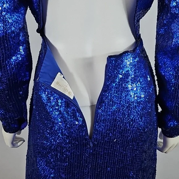 Vintage Sterling By Stone Ferris Blue Sequin Silk Open Back Coctail Party Dress - Picture 10 of 16